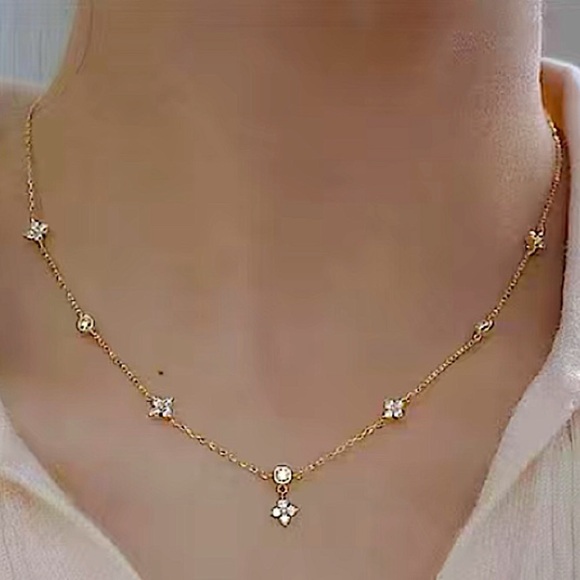 Gold Four Leaf Clover Zircon Dainty Tiny Delicate Necklace - Picture 8 of 13